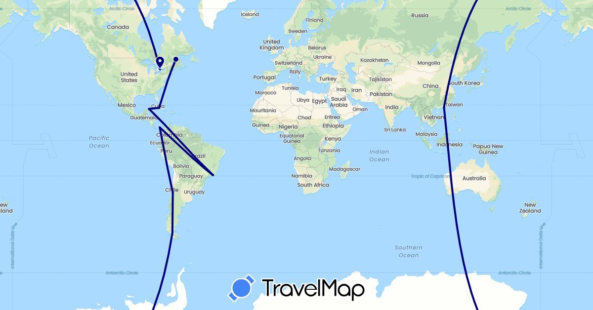 TravelMap itinerary: driving in Brazil, Canada, Chile, China, Cuba, Mexico, Panama (Asia, North America, South America)